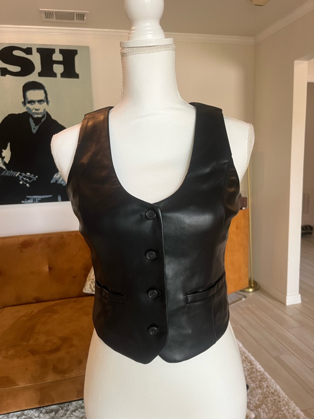 NWT 7 For All Mankind Black Faux Leather Button Front Vest